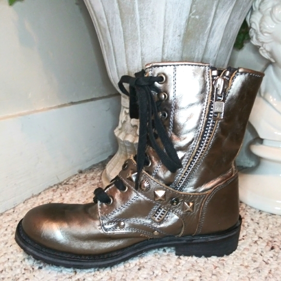 ASH Ryhanna Silver & Rhinestone Studded Distressed Pewter Leather Combat Boots - Picture 8 of 11